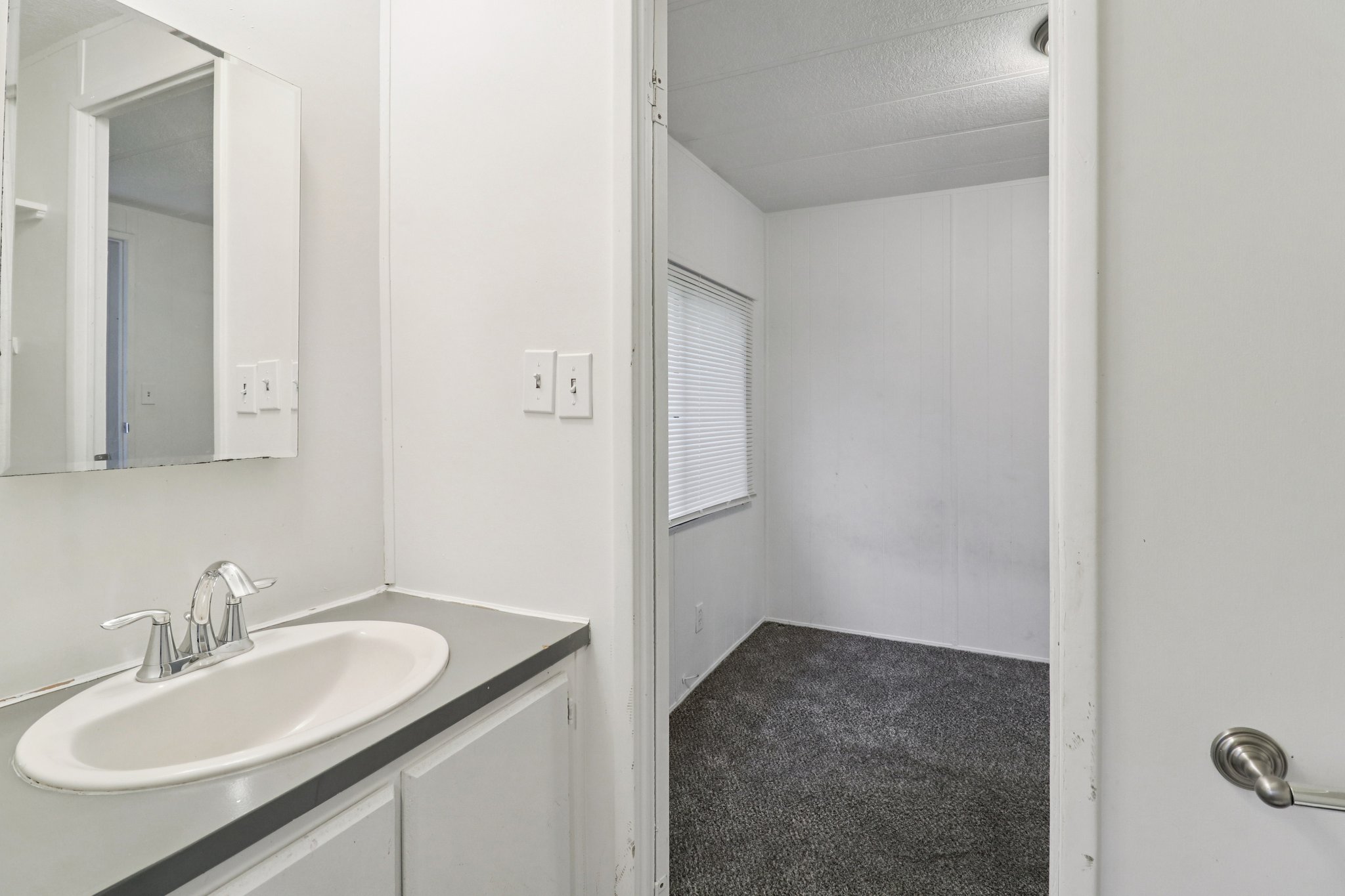 Bathroom featuring dark colored carpet and vanity
