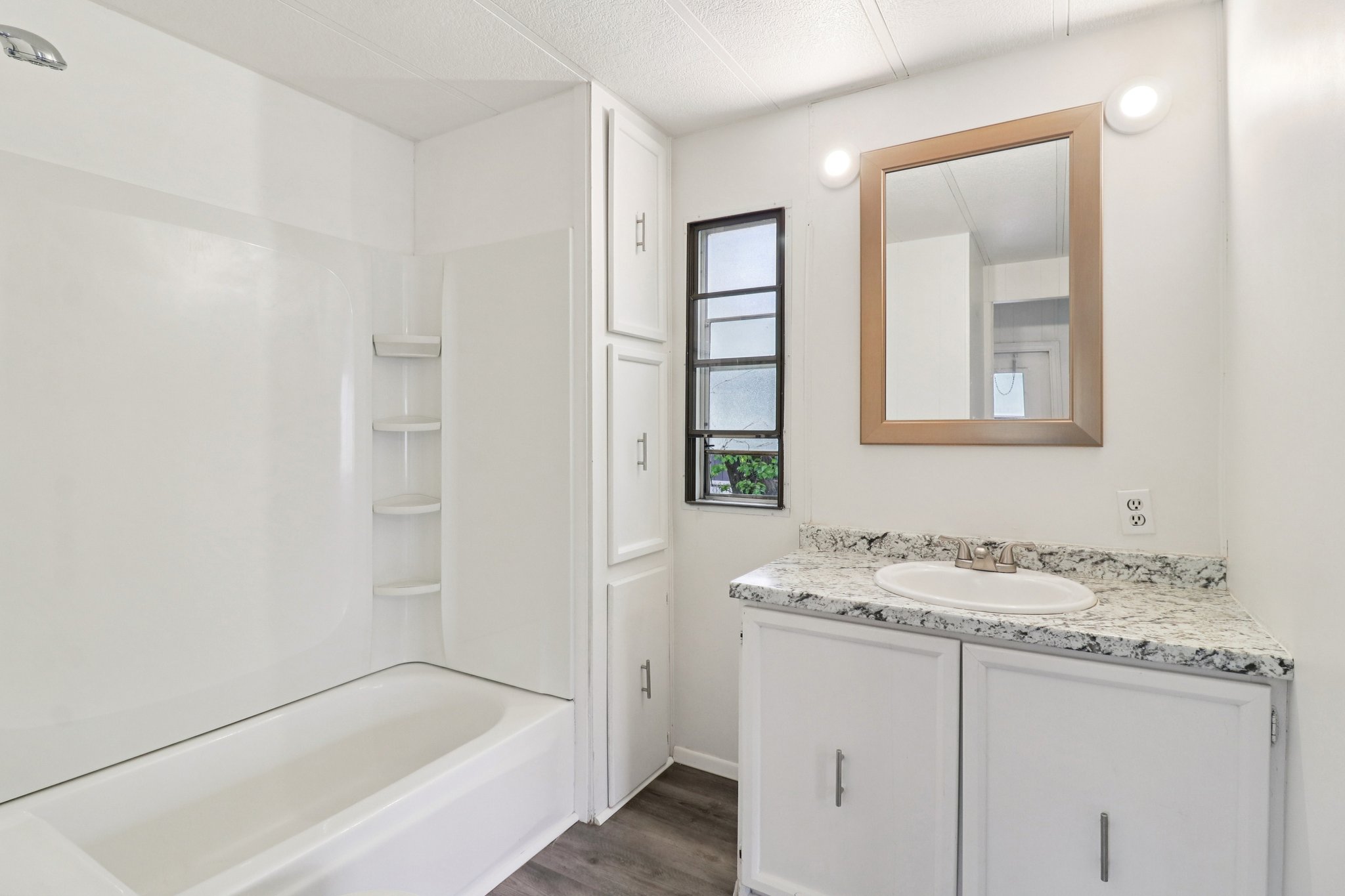 Bathroom featuring vanity, dark wood-type flooring, and shower / bath combination