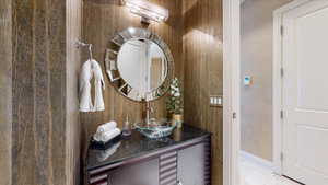 Bathroom with vanity and light tile patterned floors