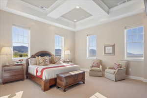 Bedroom featuring crown molding, carpet, a mountain view, coffered ceiling, and recessed lighting