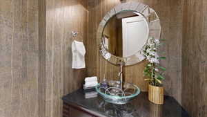 Bathroom with wood walls and vanity