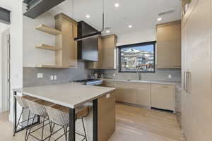 Kitchen featuring a kitchen breakfast bar, light wood-style flooring, light countertops, a peninsula, and open shelves