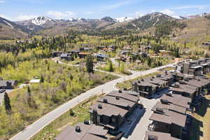 Aerial perspective of suburban area featuring a mountain backdrop