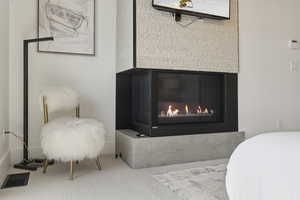 Detailed view of carpet flooring and a glass covered fireplace
