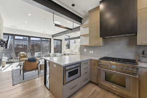 Kitchen featuring stainless steel appliances, backsplash, modern cabinets, and light wood finished floors