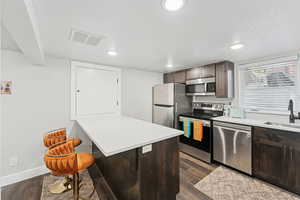Basement ADU kitchen with dark wood cabinets, stainless steel appliances, granite counter tops, and LVP flooring