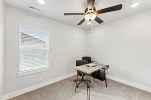 Bedroom #2 with light carpet, recessed lighting, baseboard, and ceiling fan