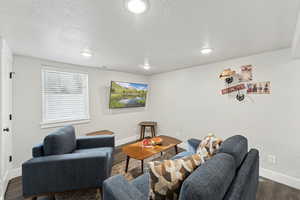 Basement ADU great room with LVP flooring, recessed lighting, and a textured ceiling