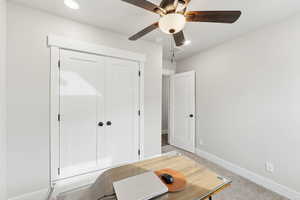 Bedroom #2 with light carpet, recessed lighting, baseboard, and ceiling fan