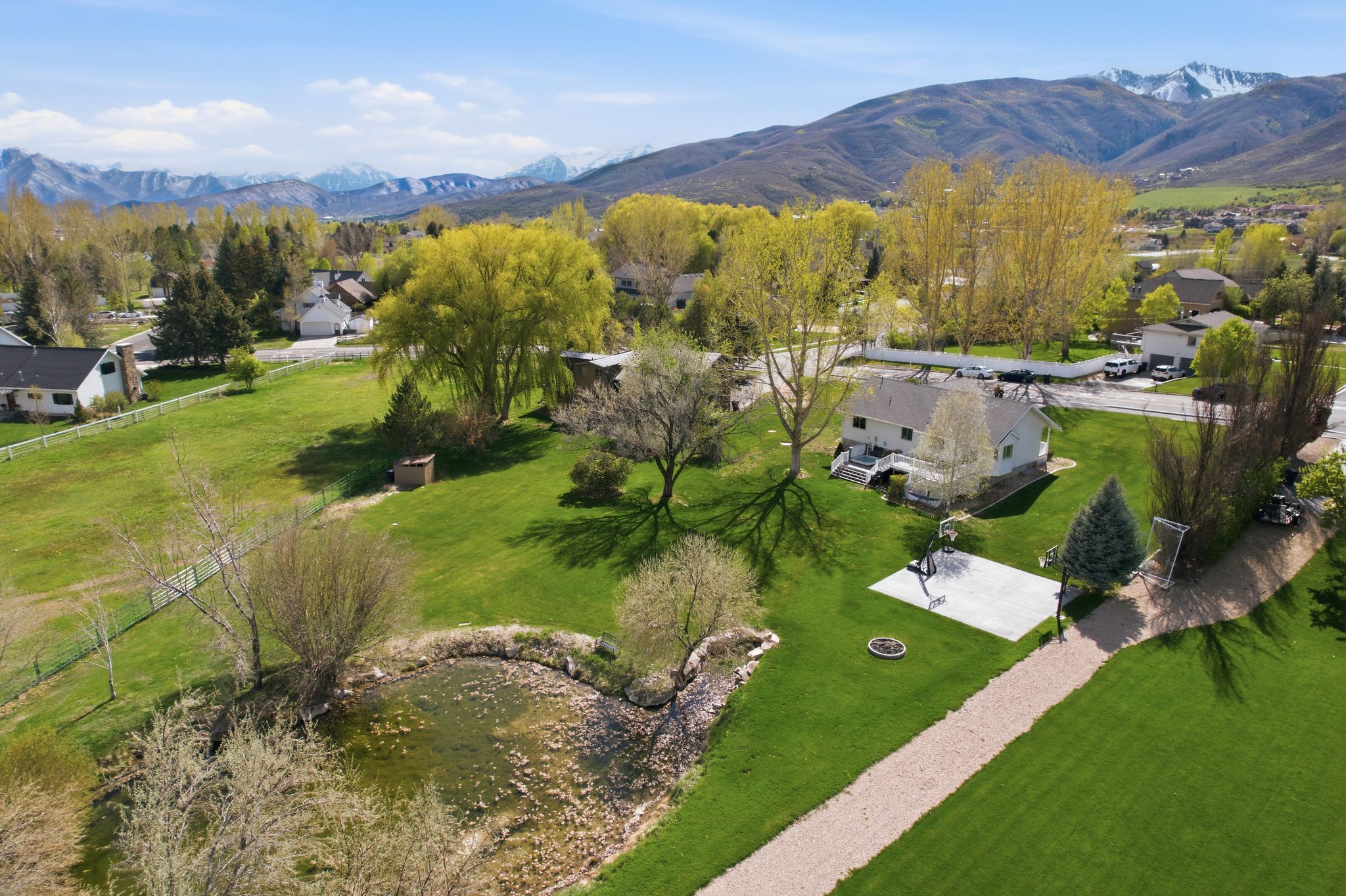 Huge Yard with Pond Fire Pit and Sports Court