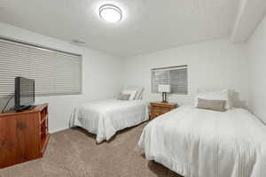 Carpeted bedroom featuring a textured ceiling