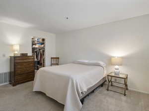 Bedroom featuring a walk in closet and light carpet