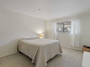 Bedroom featuring light carpet and baseboards
