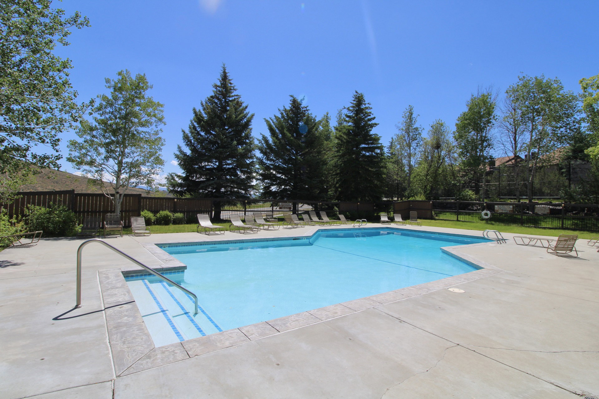 Outdoor swimming pool featuring integrated steps with handrail, a concrete surround, and perimeter landscaping