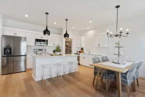 Kitchen with stainless steel appliances, white cabinetry, a center island, and light wood-type flooring