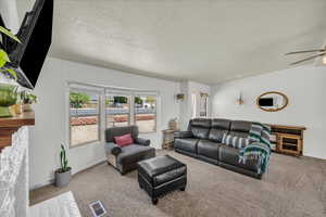 Living room featuring carpet floors, a textured ceiling, and ceiling fan