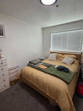 Bedroom featuring dark carpet and a textured ceiling