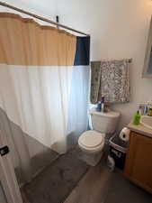 Full bath featuring vanity, a shower with curtain, and dark wood-style flooring