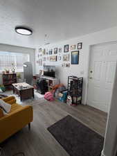 Living area featuring dark wood-type flooring and a textured ceiling