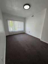 Spare room featuring a textured ceiling and carpet flooring