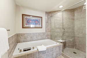 Bathroom featuring a stall shower, a bath, and recessed lighting