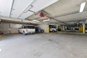 Parking garage with a garage door opener