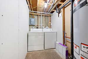 Laundry area featuring water heater, electric panel, washing machine and dryer, and concrete flooring