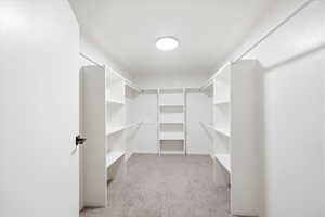 Walk in closet with light colored carpet