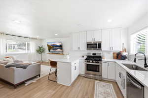 Kitchen featuring a kitchen breakfast bar, stainless steel appliances, white cabinets, a peninsula, and recessed lighting