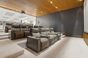 Home theater featuring recessed lighting, carpet floors, and wood ceiling