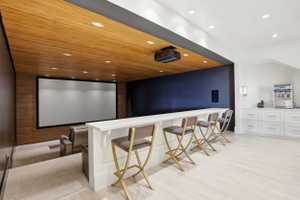 Cinema room featuring recessed lighting, wood ceiling, bar, and light wood finished floors