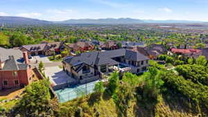 Aerial perspective of suburban area with mountains