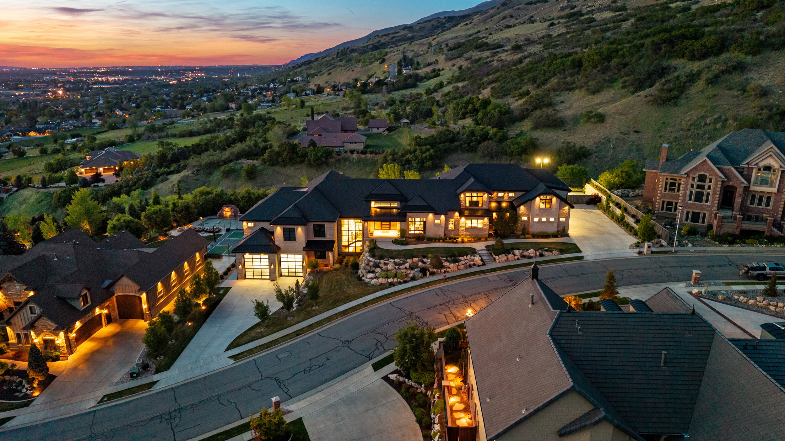 Aerial view at dusk of a residential view