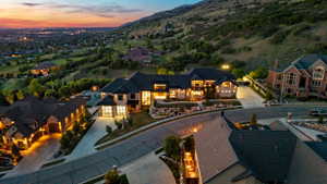 Aerial view at dusk of a residential view