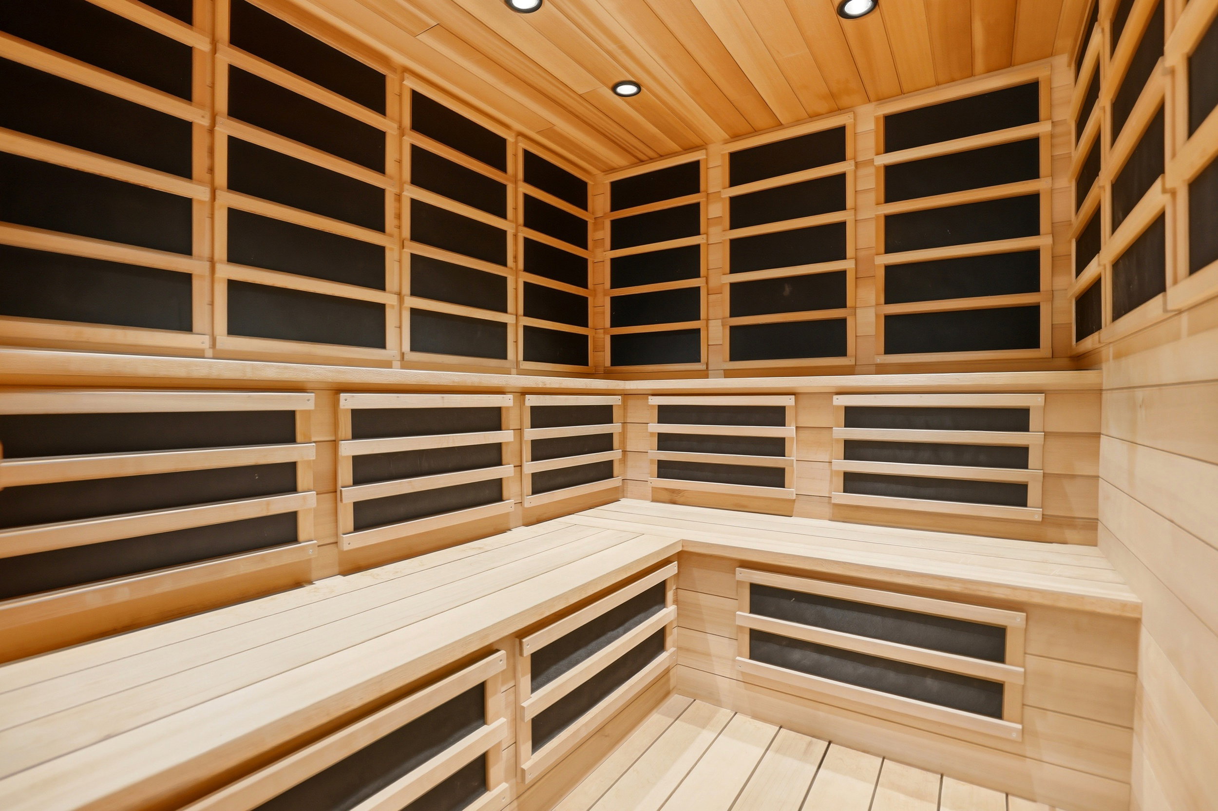 Sauna / steam room with recessed lighting and wood ceiling