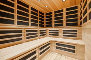 Sauna / steam room with recessed lighting and wood ceiling