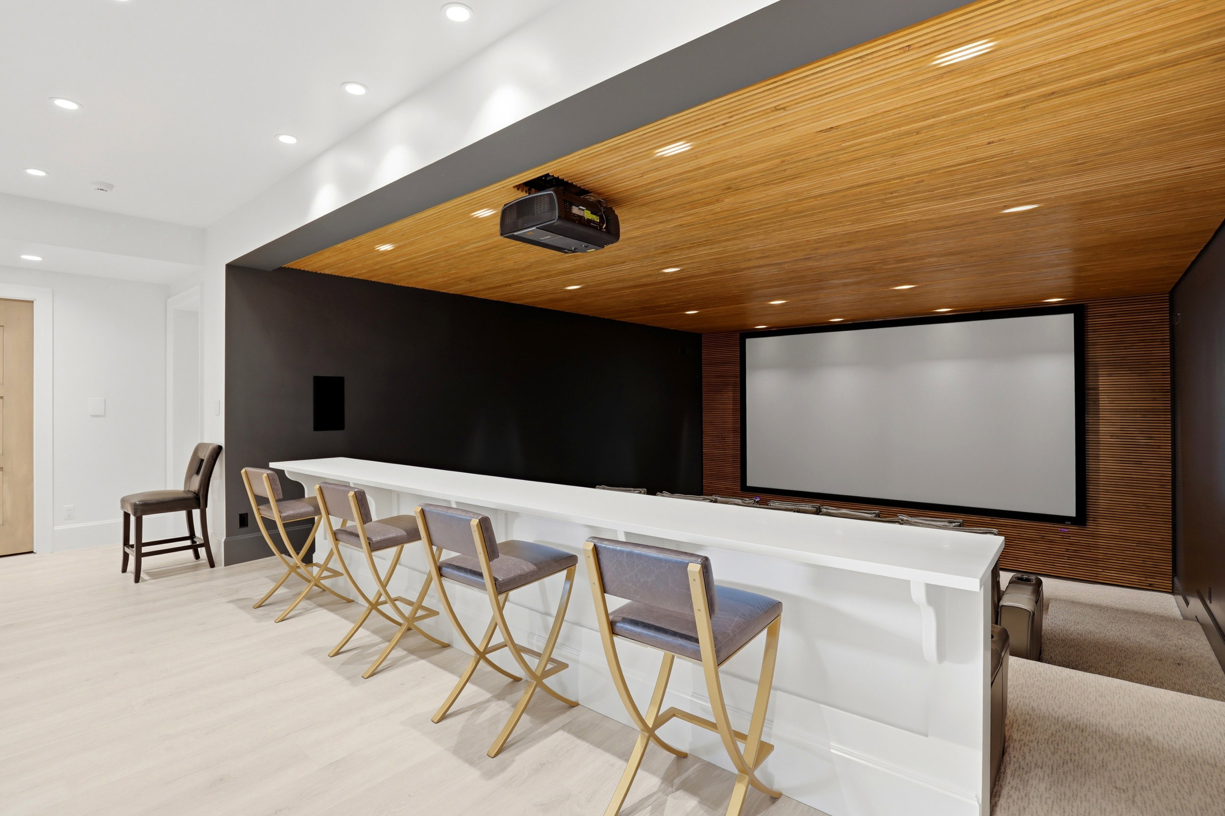 Home theater featuring recessed lighting, wood ceiling, and light wood-style flooring