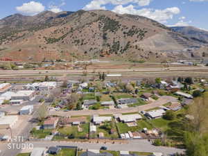 Aerial view of residential area with mountains
