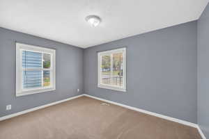 Empty room with plenty of natural light, light colored carpet, and a textured ceiling