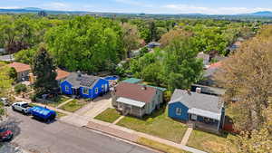 Aerial perspective of suburban area with mountains