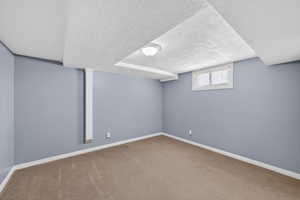 Below grade area with a textured ceiling and light colored carpet