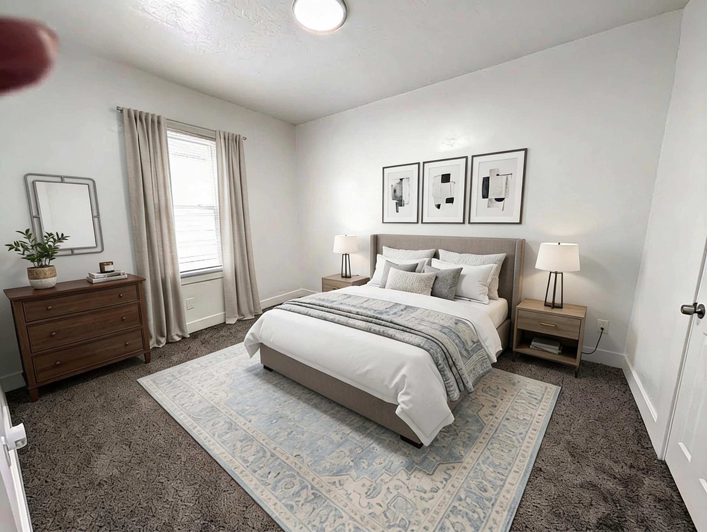 Bedroom with baseboards and dark colored carpet