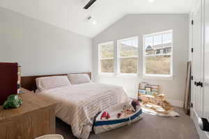 Carpeted bedroom featuring recessed lighting and ceiling fan