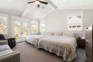 Bedroom with french doors, access to exterior, dark carpet, recessed lighting, and ceiling fan