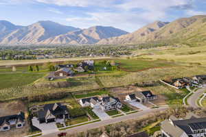 Aerial perspective of suburban area with a mountainous background