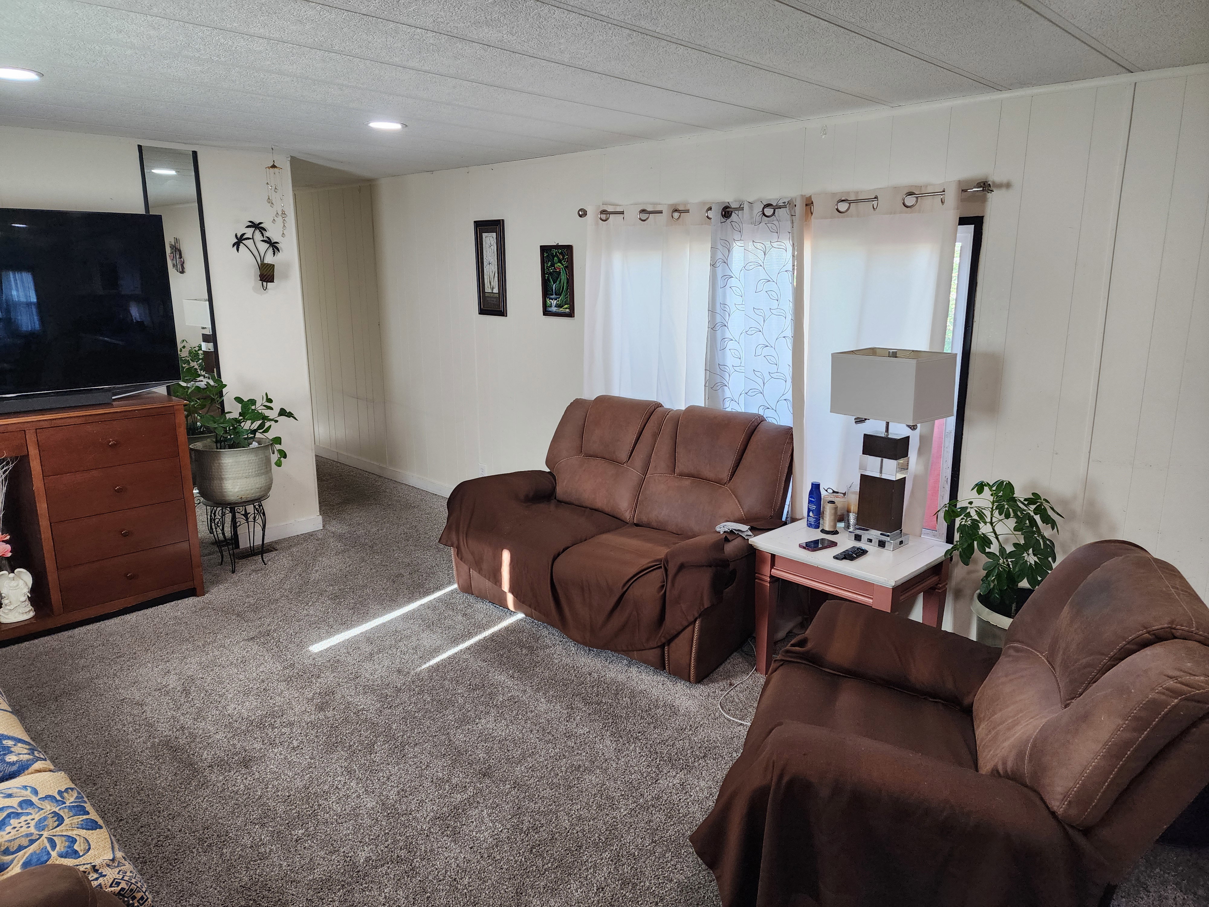 Carpeted living room with a textured ceiling
