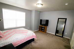 Carpeted bedroom with an ensuite bathroom and baseboards