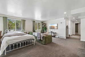 Carpeted bedroom with multiple windows and recessed lighting
