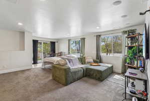 Bedroom featuring access to exterior, carpet flooring, multiple windows, and recessed lighting