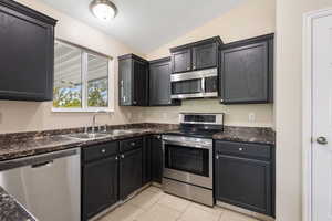 Kitchen with stainless steel appliances, vaulted ceiling, light tile patterned floors, and dark cabinetry